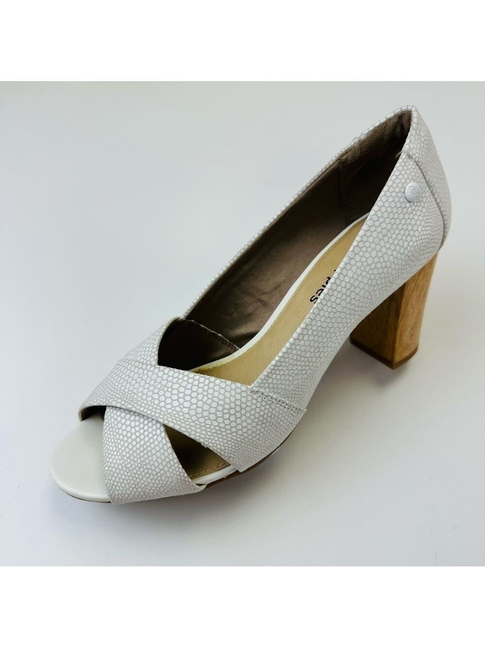Hush Puppies white shoes pebble finish Peeptoe wood stacked heel Size 7M Summer